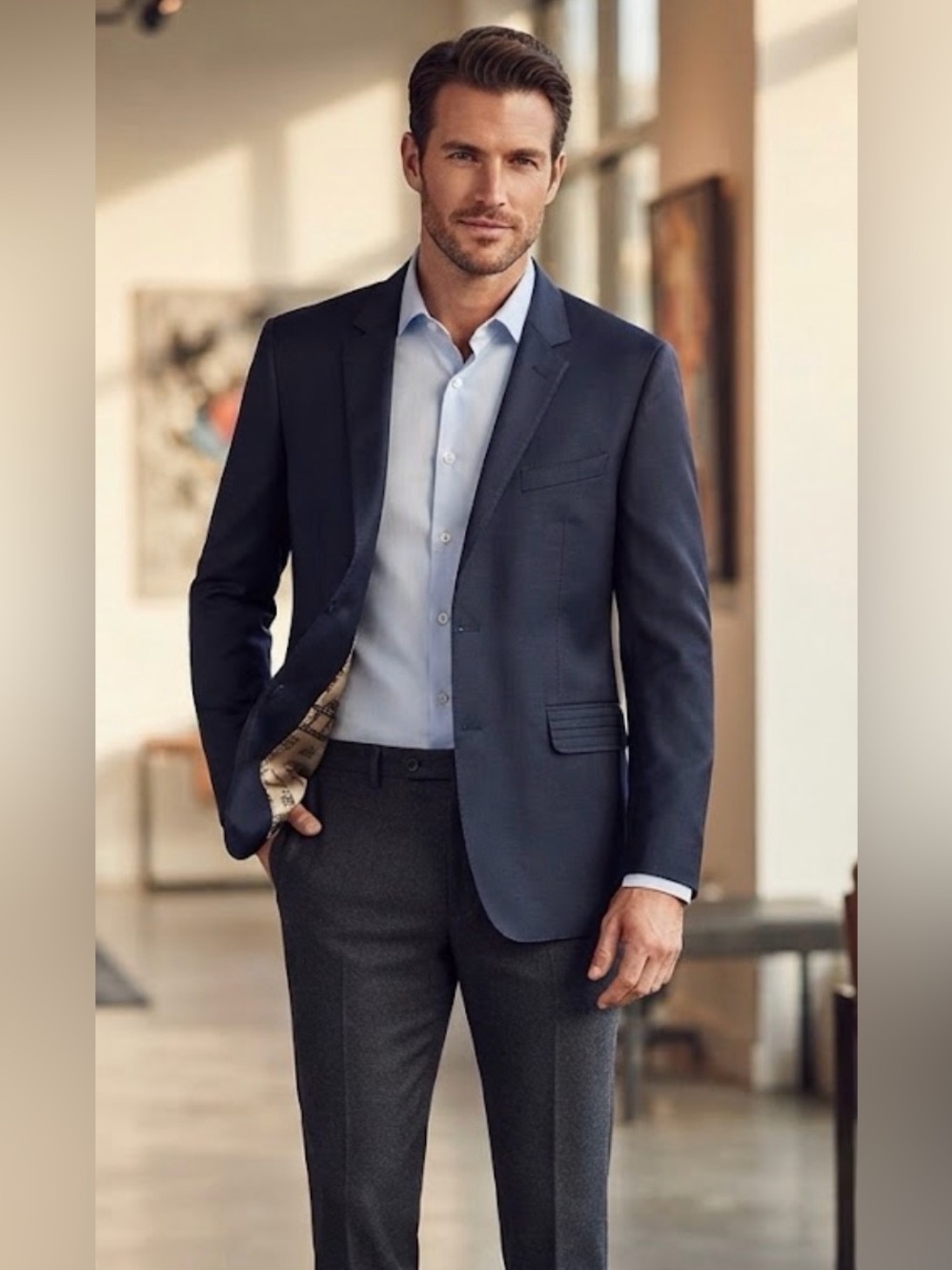 Ted Baker London Men’s Navy Wool Blazer Film Print Lining Tailored Sport Coat